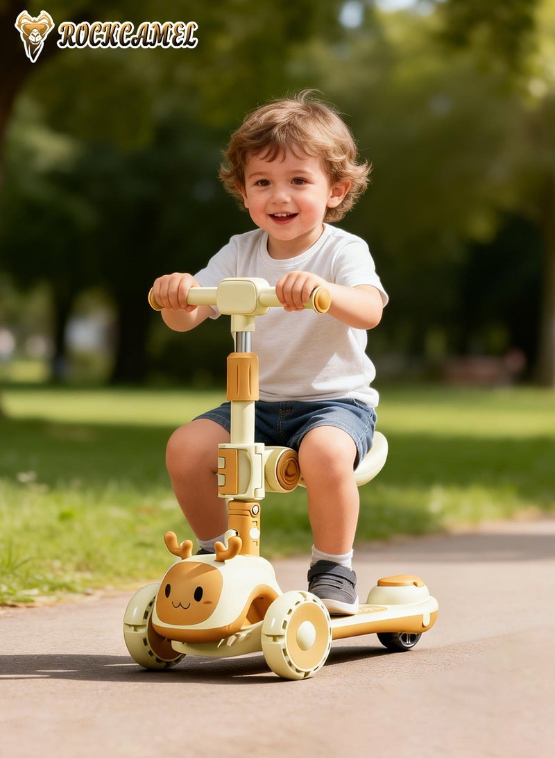 ROCKCAMEL 2 in 1 Kids Kick Scooter, Foldable Scooter with LED Lighted Wheels and 4-Level Adjustable Height Handlebars, Widen Anti-Slip Deck, Sensitive Brakes, Kids Toys for Boys & Girls Ages 1-12, Khaki - Image 2